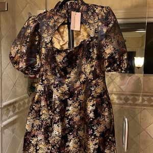 Black Brocade Puff Sleeve Cut Out Dress